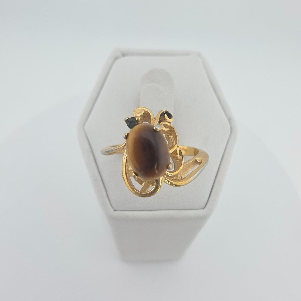 Vintage Tigers Eye Ring Emerald Accent 14k Yellow Gold Filled Filigree Size 6.5
